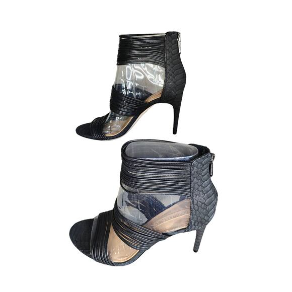 NIB $275 BCBGMAXAZRIA Pex Strappy Black Heeled Open Toe Leather Sandal - Picture 2 of 9